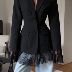Black Lace Paneled Long Sleeve Waist-Cinched Soft Blazer