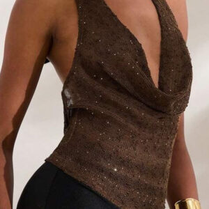 Glitter Solid Sheer Draped Halter Top