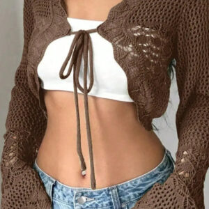 Korejpaa Y2k Clothes Ropa De Mujer Brown Hollowed Out Knitted Cardigan